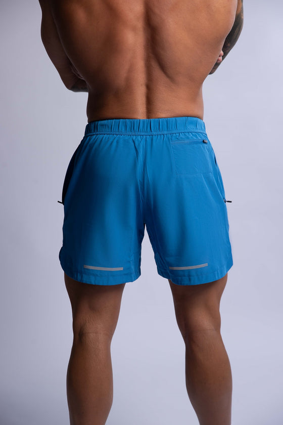 men's blue sportswear swimming shorts back and side zip pockets